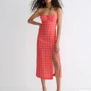 J Crew Collections  Pink/orange Gingham Midi split Dress Size 16